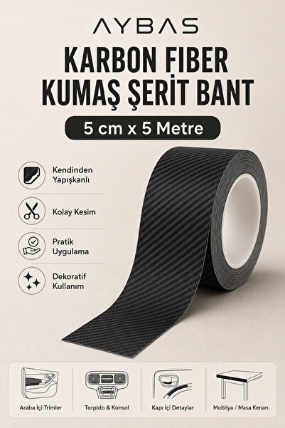 Aybas 5 cm x 5 Metre Siyah Karbon Fiber Desenli Yapışkanlı Kumaş Bant – Kendi...