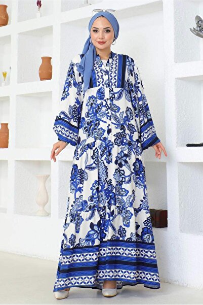 TRENDTESETTÜR KADIN LACİVERT (SAKS) DESENLİ VİSKON ELBİSE T 8733