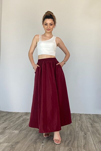 moddosa fashion CEPLİ BELİ LASTİKLİ UZUN POPLİN ETEK