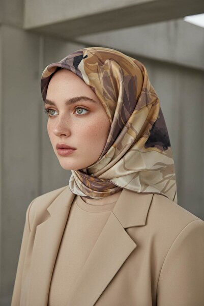 Vissona %100 Twill İpek Çiçekli Sulu Boya Dalga Desenli Hardal - Vizon Renkli...