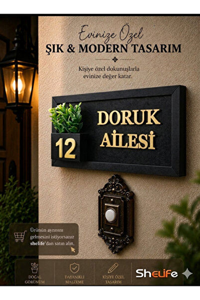 SHELİFE Kişiye Özel Ahşap Kapı İsimliği Çiçekli – 10x20 cm MDF Dekoratif Kapı...