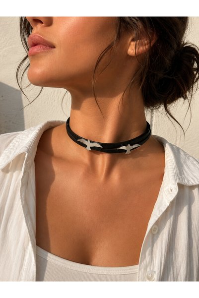 Kutcha Accessories Leather Choker Necklace with Bird Wing Detail