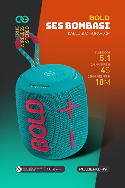 POWERWAY Bold Turkuaz Taşınabilir Ses Bombası Kablosuz Bluetootth xHoparlör S...