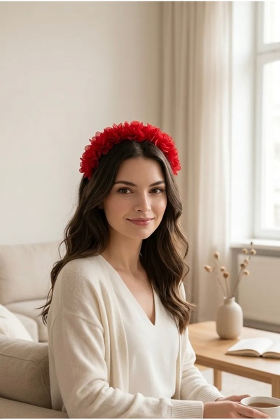 BTRENDY Çiçekli kırmızı lohusa,anne,çocuk,kına,nedime taç
