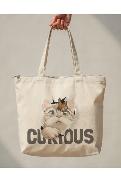 buzagi tasarım ürünleri Curious Zippered Lined Gusseted Canvas Bag 35 X 40 cm