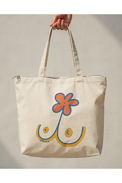 buzagi tasarım ürünleri Spring Zippered Lined Gusseted Canvas Bag 35 X 40 cm