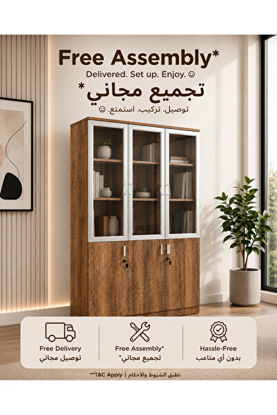 TrentonGCC خزانة تخزين مكتبية بثلاثة أبواب قابلة للقفل مع أبواب زجاجية - خزان...