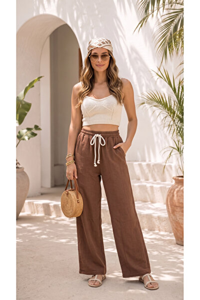 BADESSA Women's Brown Stylish High Waist Palazzo Linen Muslin Comfort Pants W...