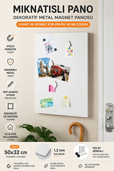 Dünya Magnet Mıknatıslı Pano Beyaz 50x32 cm Dekoratif Metal Magnet Panosu , N...