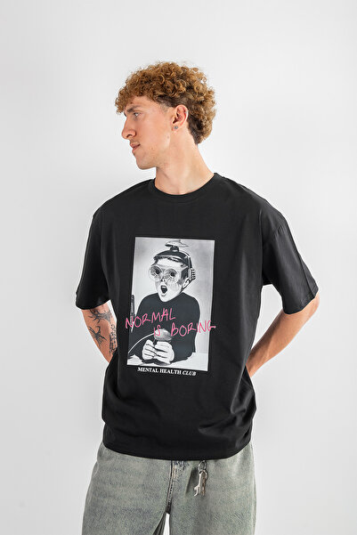 Sekizbiraltı Normal İs Boring Printed Oversize Unisex Black Tshirt