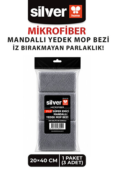 SİLVER HOME 3'lü Mikrofiber Mandallı Mop Yedek Bezi 20x40 cm Süper Emici Laze...