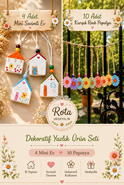 Rota Hediyelik 4 Adet Mini Sevimli Evler Balkon Süsü ve 10 Adet Karışık Renk ...