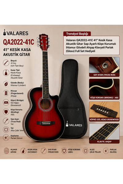 valares QA2022-41C Kırmızı Cutaway Akustik Gitar (Sap Ayarlı Köşe Korumalı) k...