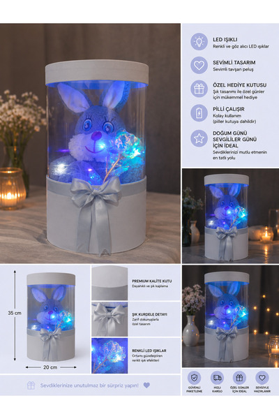 Floroon gift Led Işıklı Sonsuzluk Güllü ve Gri Peluş Tavşan Hediye Kutusu | D...