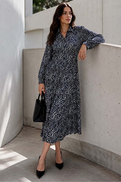 Madmext Black Long Sleeve Buttoned Patterned Dress Mg2431