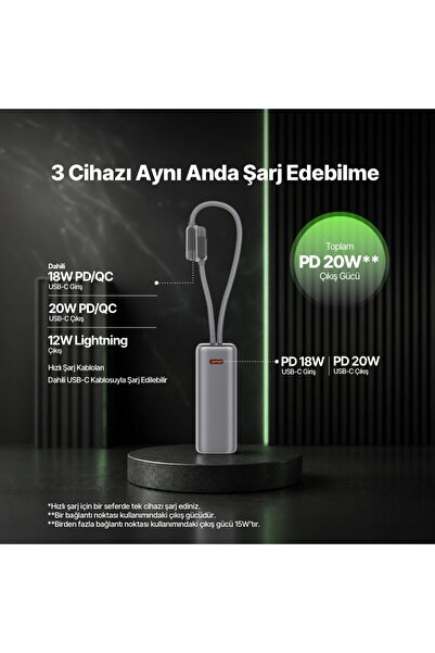 Ttec ReCharger Pro TFT 10.000mAh PD 20W USB-C ve Lightning Dahili Kablolu Taşınabilir Hızlı Şarj Aleti Powerbank 2BB278UG