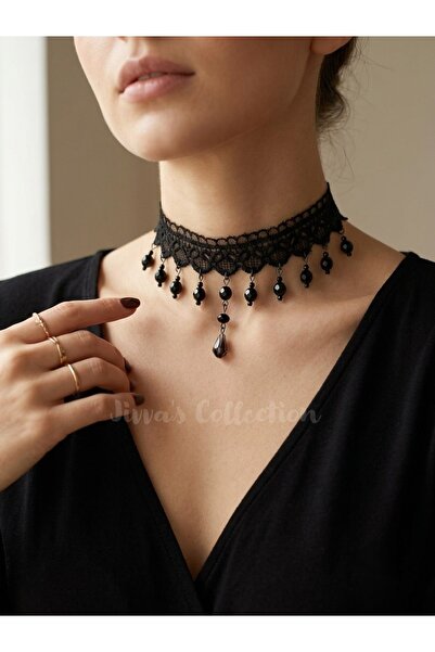 Jivva's Collection Gothic. Bohemian Style Black Lace Necklace. Black Crystal ...