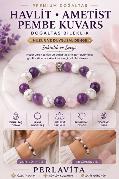 Perlavita Howlite Amethyst and Pink Quartz Peace and Emotional Balance Bracel...