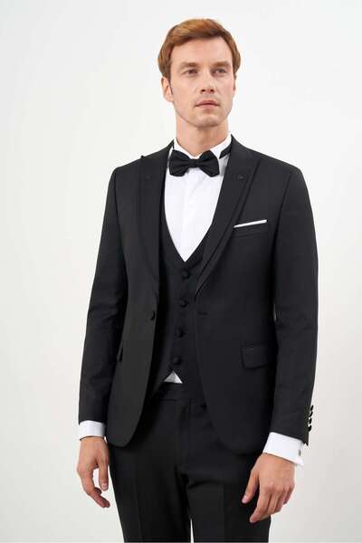 Morven Erkek Siyah Poliviskon Ceromonia Jakar Desen Slim Fit Sivri Çıkma Yaka...