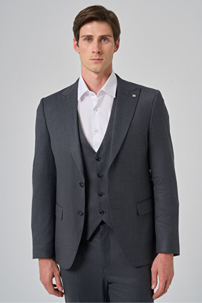 Morven Men's Anthracite Polyviscon Vest Trend Patterned Slim Fit Pointed Coll...