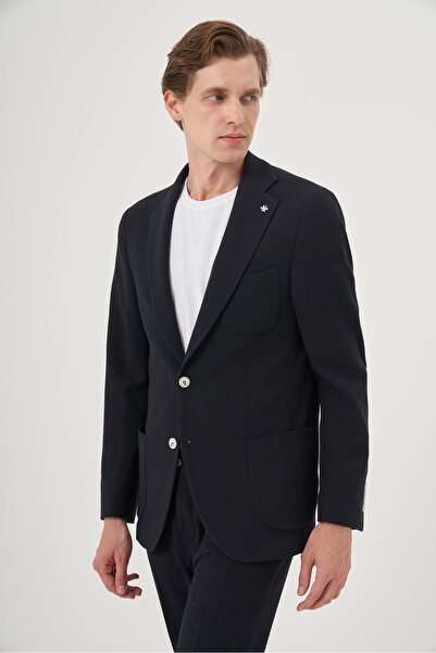 Morven Men's Navy Blue Polyviscon Trend Striped Slim Fit Mono Collar Suit