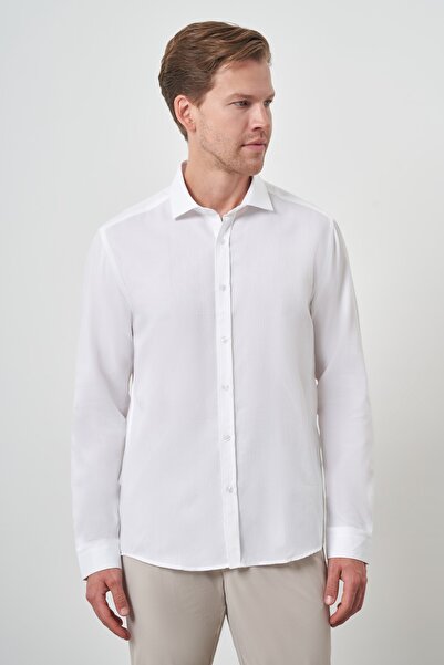 Morven Cămașă pentru bărbați din bumbac alb, slim fit, cu guler italian