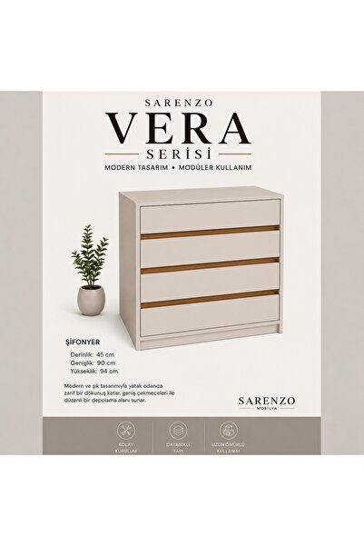 Sarenzo Vera 4 Çekmeceli Şifonyer Kum Beji Meşe Detaylı Modern Yatak Odası Şi...