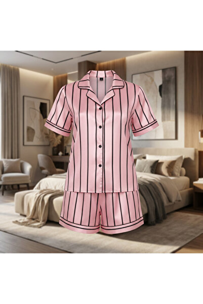 Lady Lingerie طقم بيجامة نسائي من الساتان مكون من قطعتين - قميص مخطط وشورت لل...