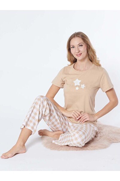 Alperi Women's Summer Short-Sleeved Plaid Patterned Pajama Set 78-102