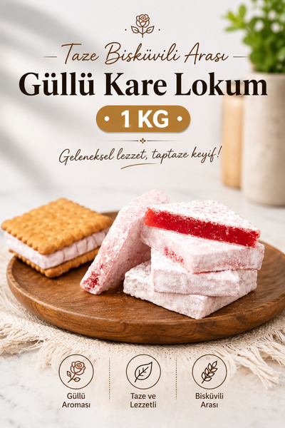 ÜLKÜ KURUYEMİŞ (1 KG) Taze Bisküvili Arası Güllü Kare Lokum Hediyelik Tatlı A...