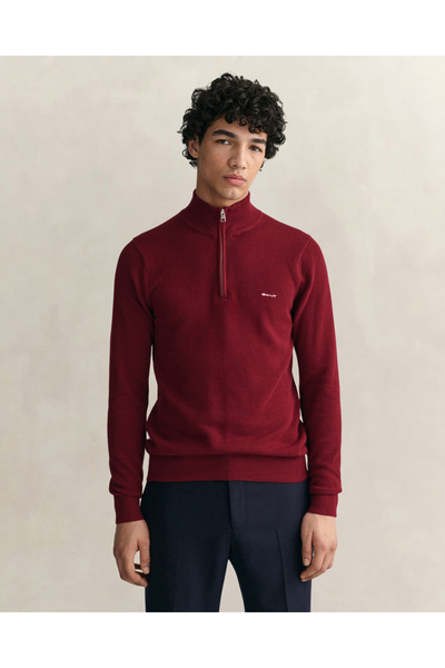 Gant Erkek Bordo Regular Fit Yarım Fermuarlı Kazak