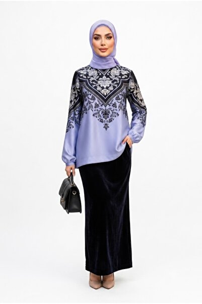 Muslima Wear Mavi Siyah Yaprak Desenli Bilek Şeritli Jasmine Bluz