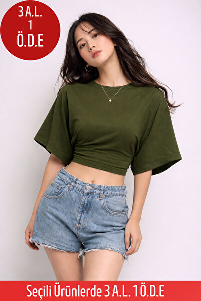 COMBİNE MİCHAİL Kadın Yazlık Kısa Kollu Haki Crop Bluz