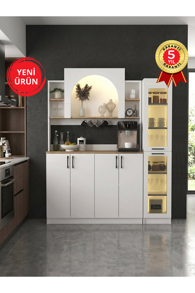 dorpek 4 Kapaklı Led Işıklı Kahve Köşesi, Temperli Cam Kapaklı Çok Amaçlı Dol...