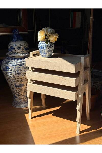 Lisso Tafo 3'lü Tepsi Zigon Sehpa Traverten Desen İç İçe Geçme 50x35 Tabla