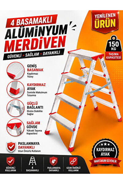 CMS CÖMERT MERDİVEN Alüminyum Çift Çıkışlı Merdiven 4 Basamak | Kaymaz Ayaklı...