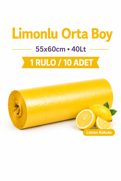 naft 1 Rulo Çöp Torbası Büzgülü Orta Boy Limon Kokulu 10'lu Kalın 55x60 Çöp P...