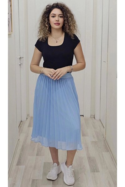 lodmela Beli Lastikli Pliseli Etek 6018-Bebe Mavisi
