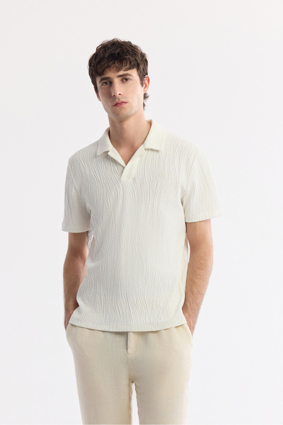 Avva Erkek Ekru Apaj Yaka Pamuklu Jakarlı Regular Fit T-Shirt A51Y1053
