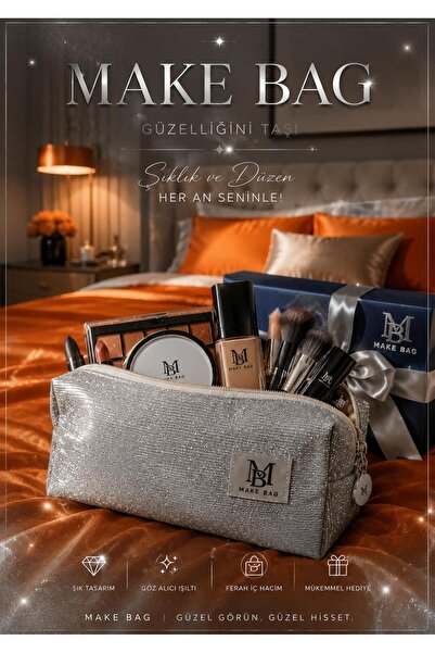 MAKE BAG BÜYÜLTÜLMÜŞ ELMAS BONCUKLU GÜMÜŞ RENK MAKYAJ ÇANTASI (25X12X12)