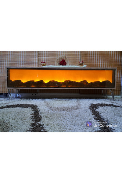 Butik Tv Sehpası Full Şömineli Ahşap Renk METAL AYAKLI 170cm Bluetootlu Ses S...