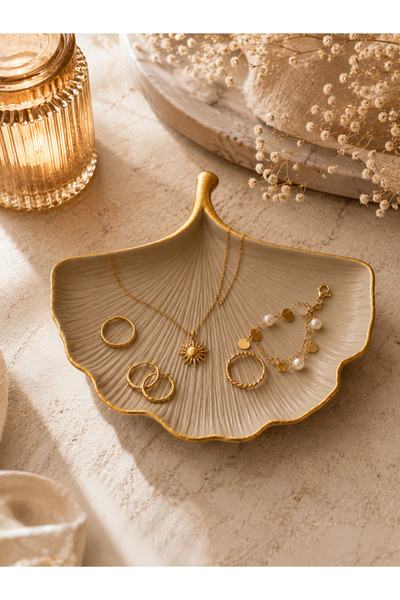 Sabletscrafts Stone Powder Ginkgo Leaf Jewelry Plate Stone Beige |   Gold Det...