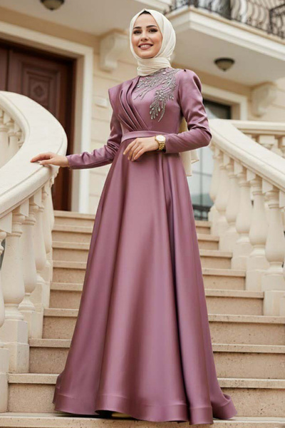 Neva Style Boncuk İşlemeli Lila Tesettür Abiye Elbise 22441LILA