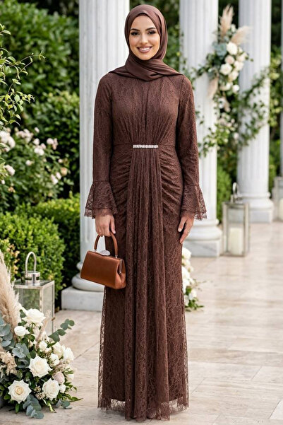 N.S NEVA STYLE Lace Brown Hijab Evening Dress 56621Kh