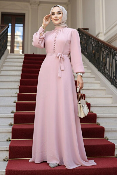 Neva Style Düğme Detaylı Pudra Tesettür Elbise 2703PD