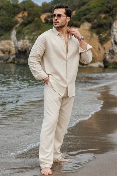 Madmext Beige Relaxed Fit Linen Men's Shirt and Trousers Set E7362