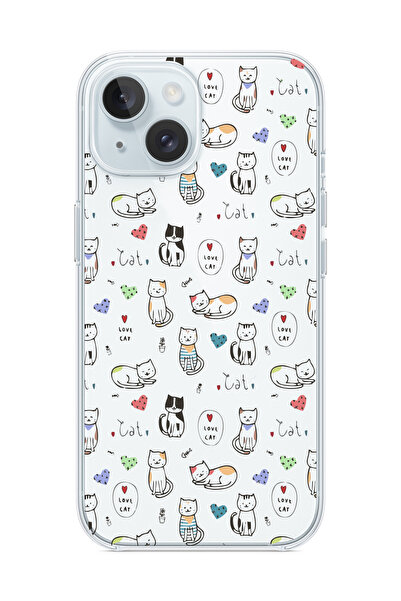 3GEN CASE iPhone 13/iPhone 14 Uyumlu Sevimli Kediler Desenli Şeffaf Silikon K...