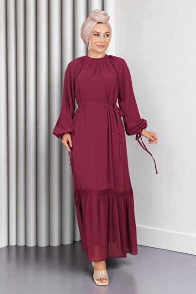Missvalle Lace Detailed Chiffon Evening Dress Plum 19143