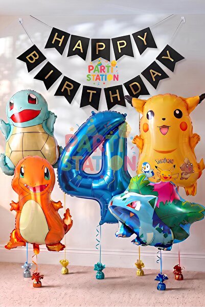 Parti Station Pokemon Konsept 4 Yaş Doğum Günü Balon Set Pokemon Pikachu Bulb...