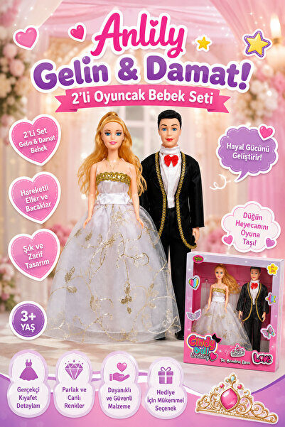 craftivio Anlily Gelin ve Damat 2'li Oyuncak Bebek Seti 30 cm Hareketli Eklem...